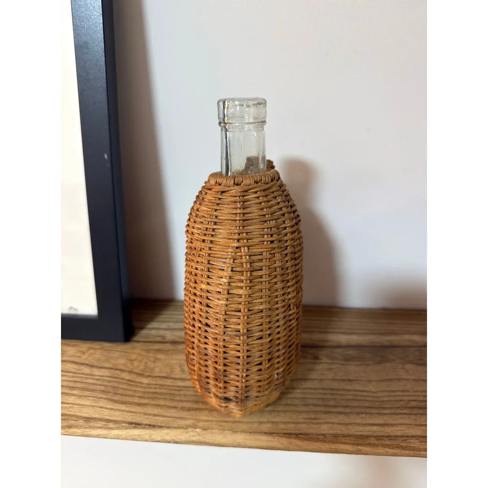 Vintage Wicker Wrapped Glass Demijohn Bottle Jug Vase Decanter Rustic Boho Decor